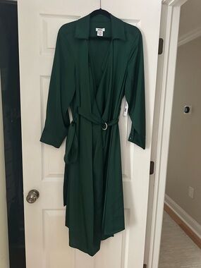 DKNY Deep Green Long Sleeve Wrap Dress with D-Ring Belt